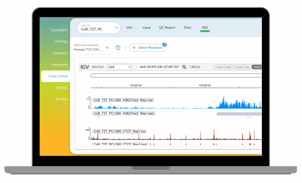 A laptop showing the CUTANA Cloud platform, with CUT&RUN peaks displayed.